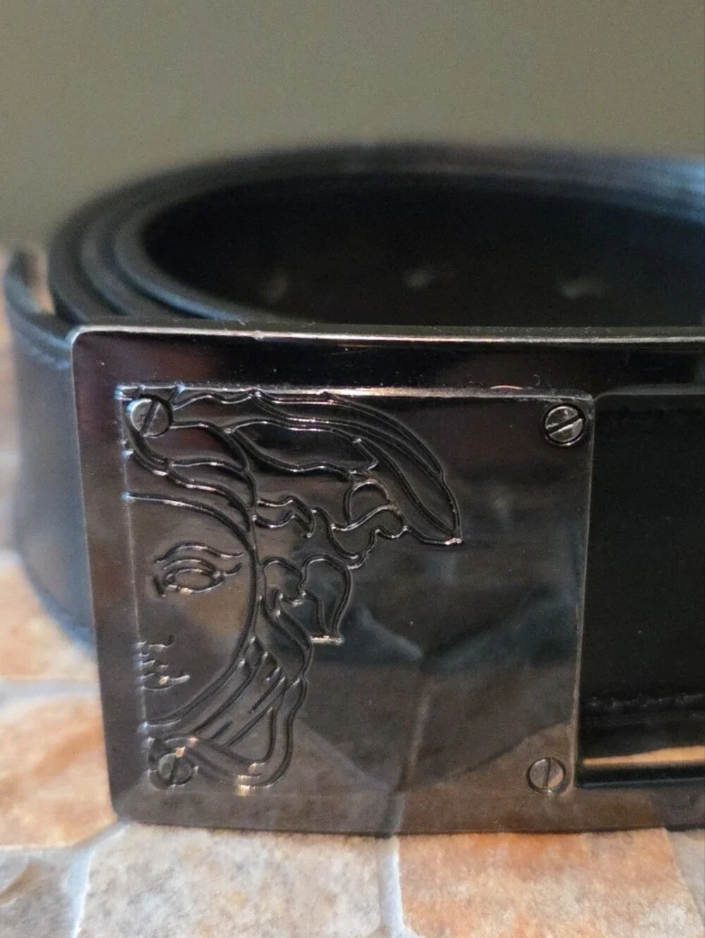 Versace Black Leather MEN'S Belt with Matte Silver Medusa Plate, Size 32 Waist